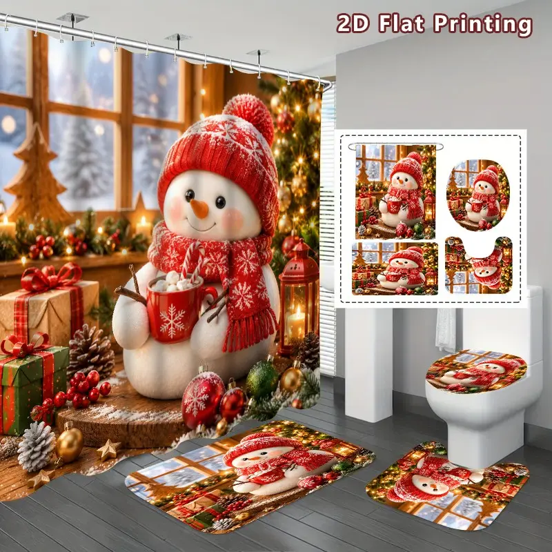 2D Flat 4PCS Christmas Snowman Shower Curtain set, Red White Cute Snowman Christmas Scene Bathroom Decor, Accessories with Bath Mat, U-shaped Mat, Toilet Lid Cover, Shower Curtain Includes hooks, Home Decor, bathroom accessories