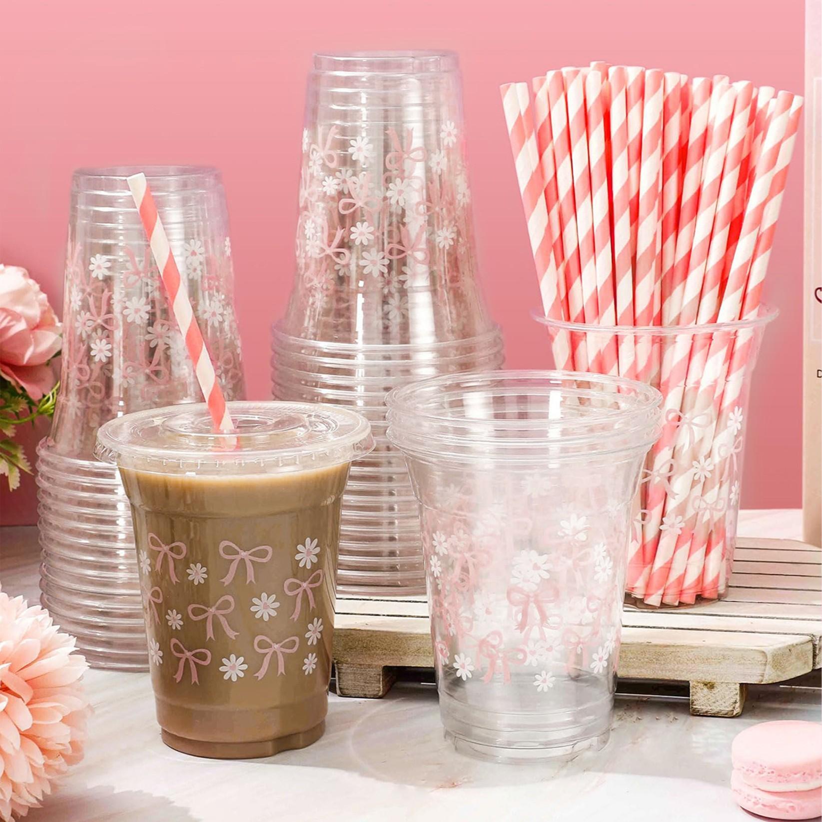Cute Bowknot Daisy Party Cups, Straws & Lids, Disposable Tableware for Women Events, Wedding, New Year, Christmas