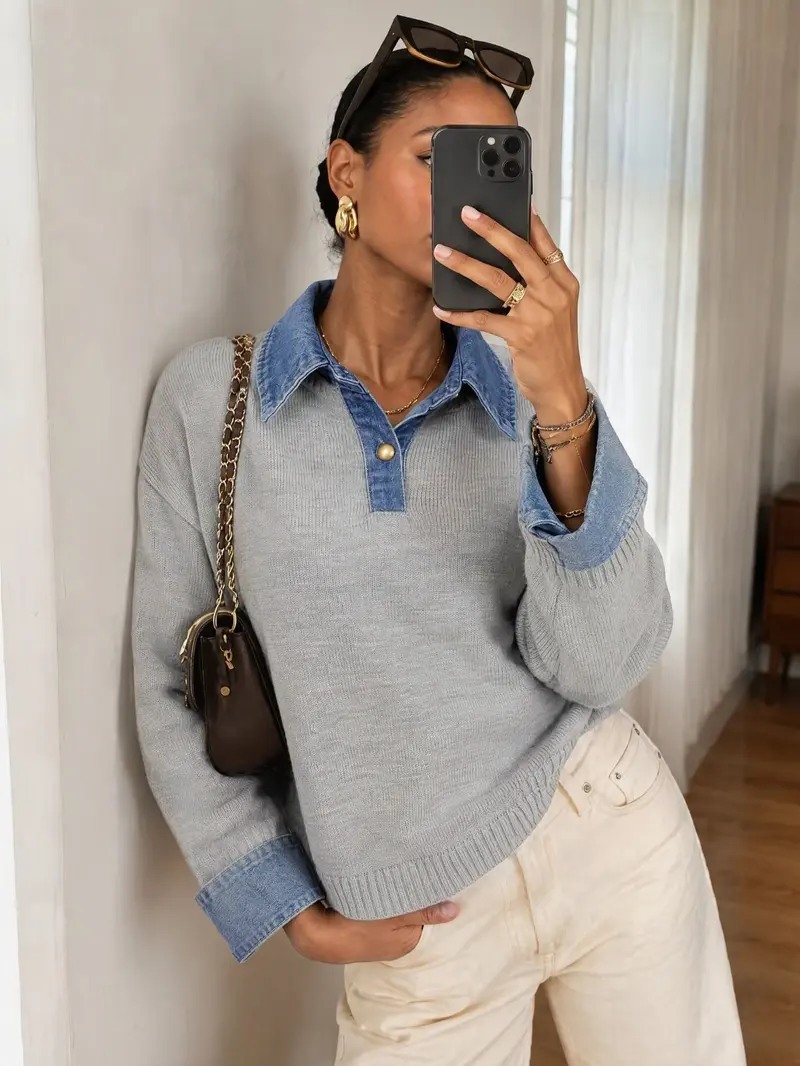 Vintage Korean style denim patchwork pullover sweater