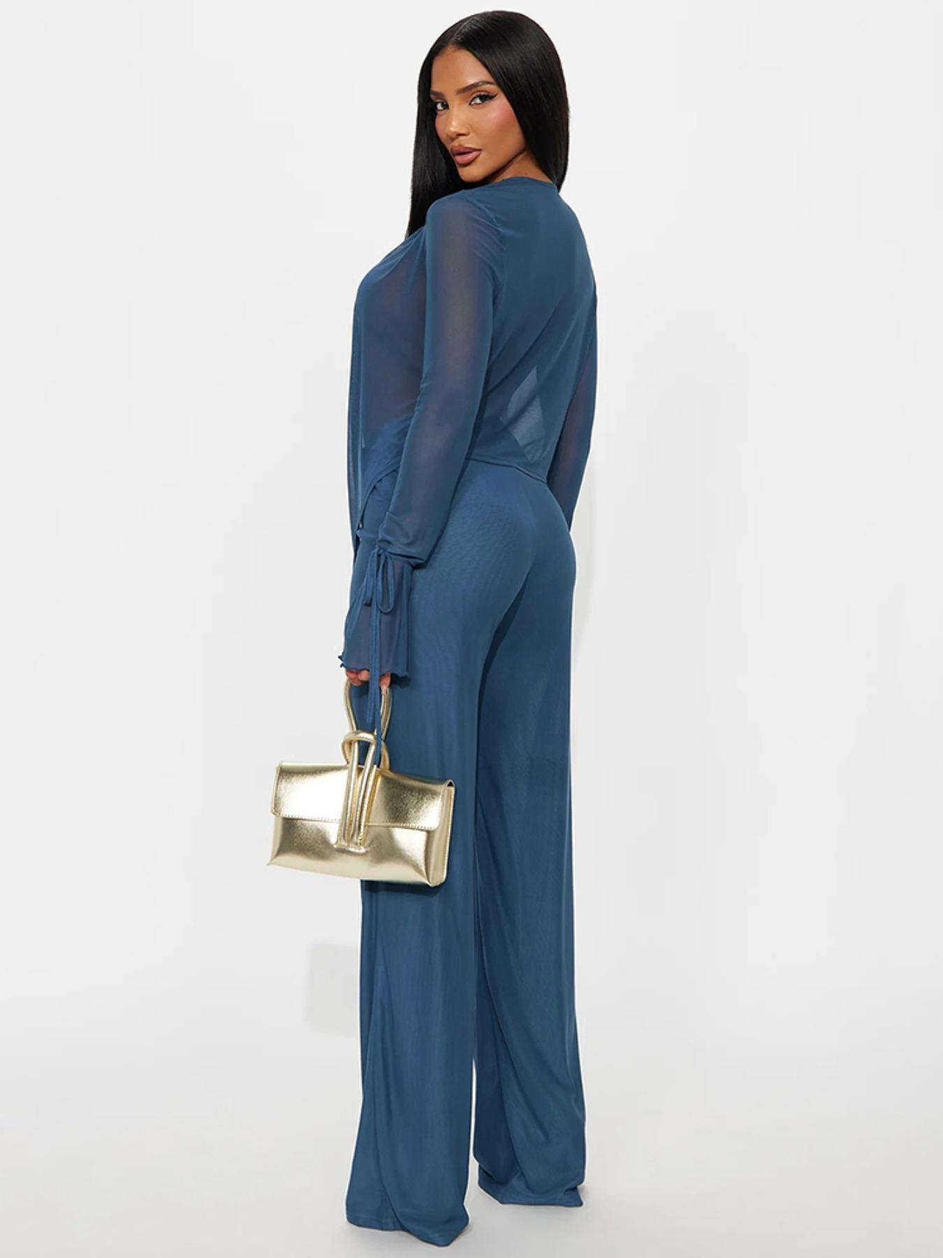 Women's Fashion Casual Two-Piece Set, Deep V Mesh Top & Wide Leg Pants, Trendy Long Sleeve Tie Design, Perfect for Daily Wear Women's Fashion Casual Two-Piece Set, Deep V Mesh Top & Wide Leg Pants, Trendy Long Sleeve Tie Design, Perfect for Daily Wear