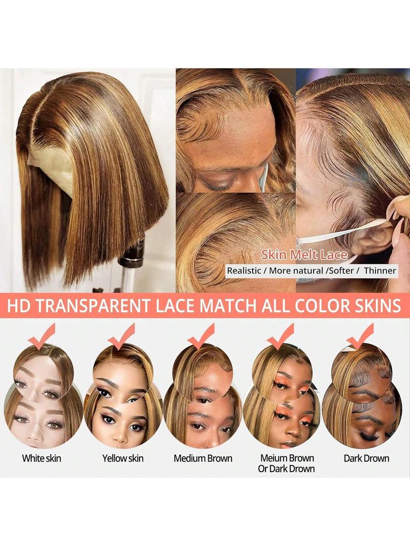 Highlight Bob Wig Colored 4/27 Highlight Bob 13X4 HD Lace Front Wig Straight Human Hair Pre Plucked With Baby Hair Ombre Brown Honey Blonde Bob Wigs For Women,8-16 inch,Natural Look for Everyday HD Lace Frontal Natural Looking Hair