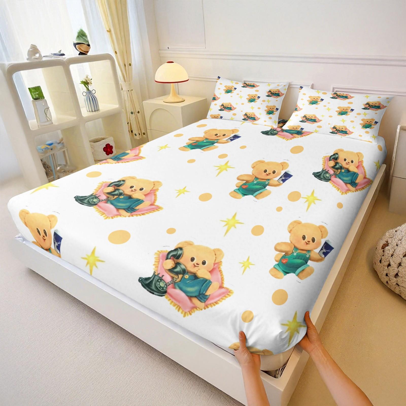 3 Pcs Cute Cartoon Bear Fitted Sheet Set, Kawaii Teddy Bear Microfiber Deep Pocket Kids Bedding, Ideal Gift for Bear Lovers and Children