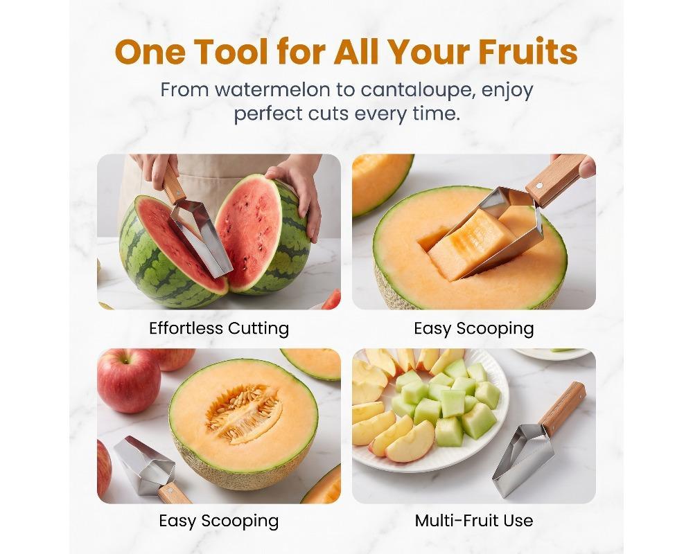 1/2pcs Stainless Steel Watermelon Slicer and Cutter Manual Fruit Cubing Tool with Ergonomic Wood Handle Portable Melon Scooper for Home and Travel Durable Kitchen Gadget for Uniform Slicing Practical Fruit Prep Assistant
