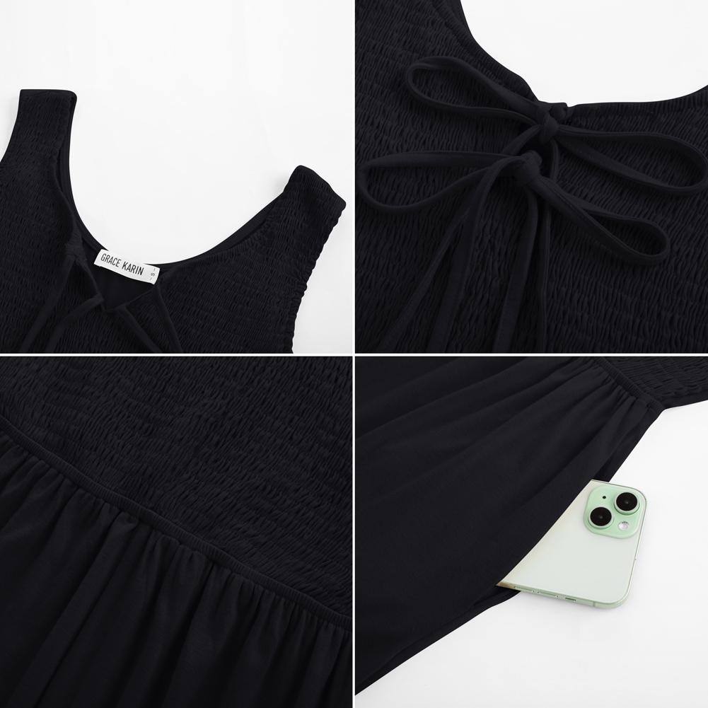 【New Arrival】GRACE KARIN Jumpsuits for Women Bow Tie Front Overalls Smocked Tops Wide Legs Casual Knitted Outfits with Pockets