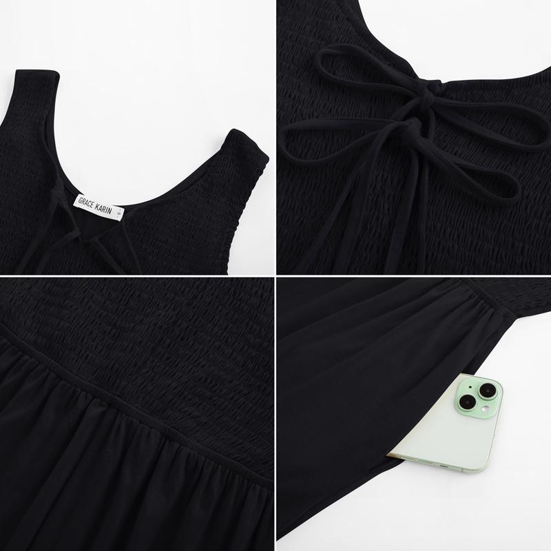 【New Arrival】GRACE KARIN Jumpsuits for Women Bow Tie Front Overalls Smocked Tops Wide Legs Casual Knitted Outfits with Pockets