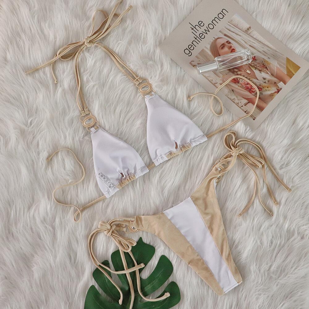 Women's Pink Mint Color Block Halter Bikini Two Piece Swimsuit, Triangle Top With Emerald Rhinestone Metal Hardware, Side Tie String Bikini Bottom, Contrast Color Tropical Beach Bathing Suit for Summer Vacation Pool