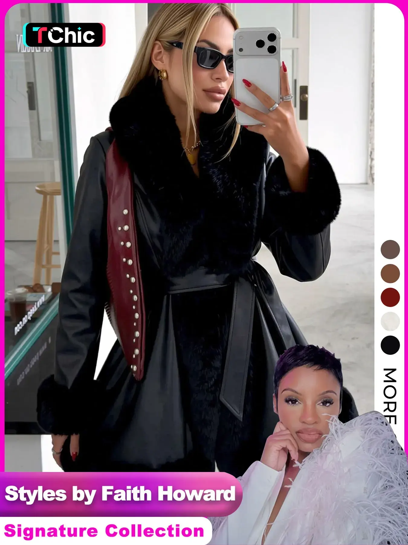 【Black Friday】Styles by Faith Howard Women's Mid-Length Hooded PU Leather Coat with Faux Fur Lining and Tie Belt