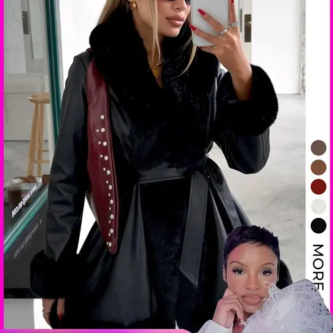 Styles by Faith Howard Women's Fall Winter Jacket, PU Medium-Length Coat, Warm Hooded Waistcoat, Fake Fur Lining, Detachable Belt, Casual Daily Wear