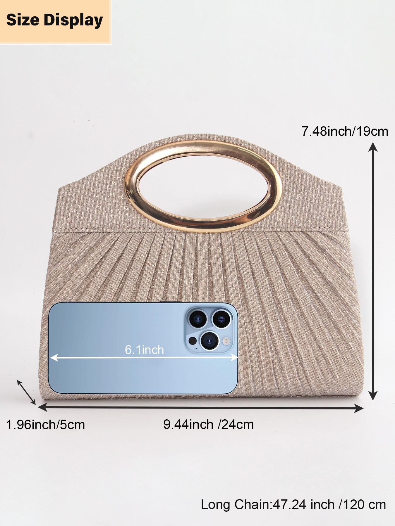 Women's Elegant Glitter Evening Clutch Bag, Metal Ring Handle, Pleated Design, Magnetic Closure, Versatile Strap, Perfect for Weddings, Parties, Wristlet Clutch