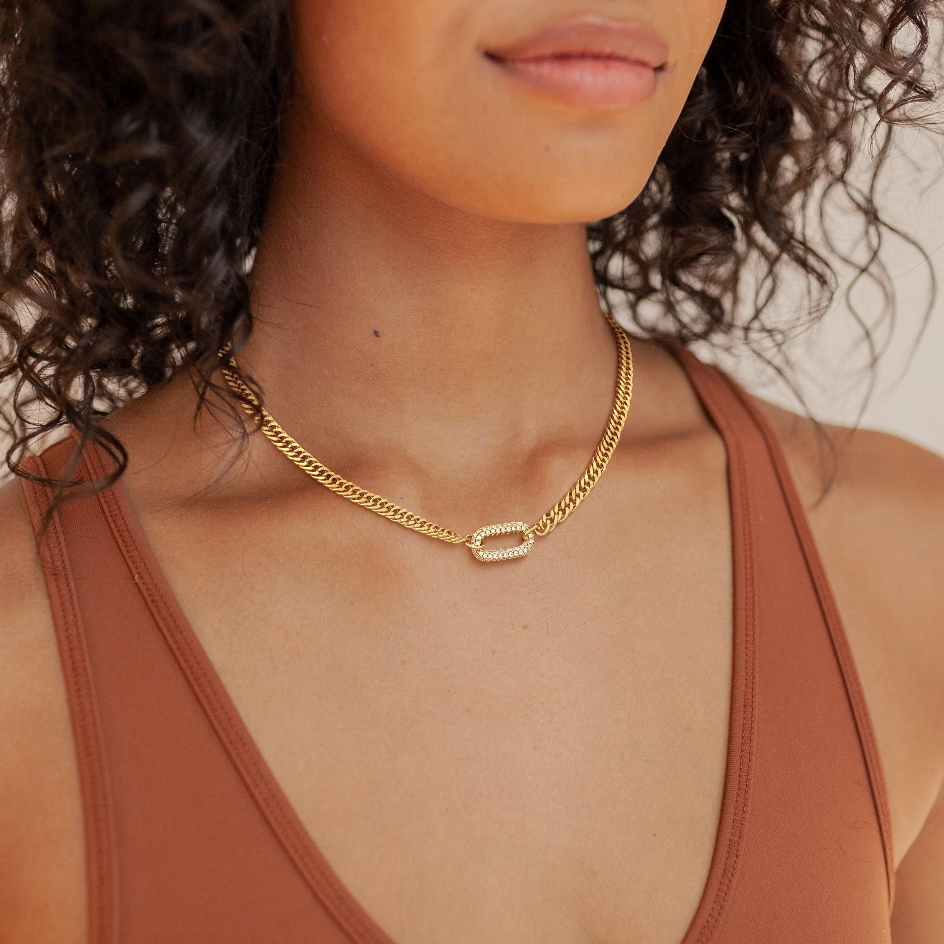 Tewiky Cuban Link Chain Necklace with Zircon Clasp for Men Women Trendy 16 Inch Zirconia Cross Pendant Jewelry Gift For Valentine's Day gifts