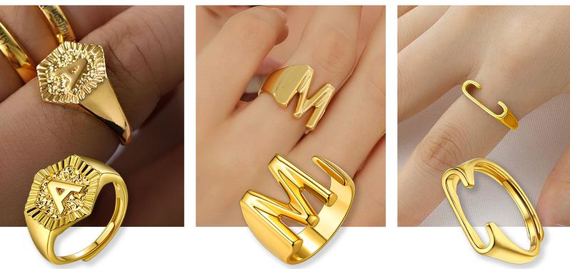 FindChic Initial Ring  Open Adjustable Letter A-Z Band Ring Band Golden Hexagon A-Z 26 Letters Ring Jewelry Stackable Signet Rings For Women Men Girlfriend Boyfriend