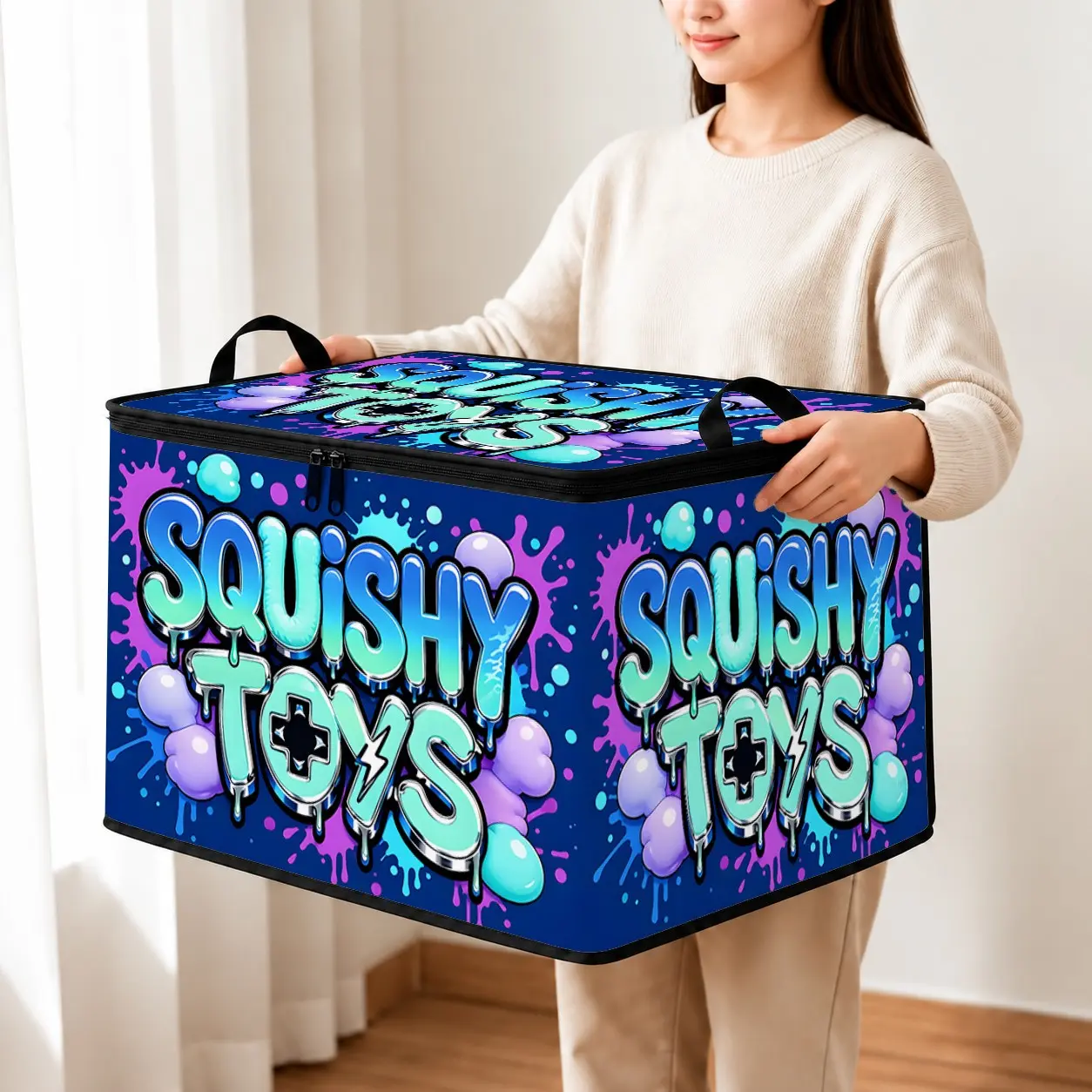 1pc Squishy Toys Storage Box, Large Capacity Foldable Organizer with Zipper Lid, Colorful Graffiti Letter Pattern, Ideal for Kids' Toys, Blankets, Clothes, Christmas Gift