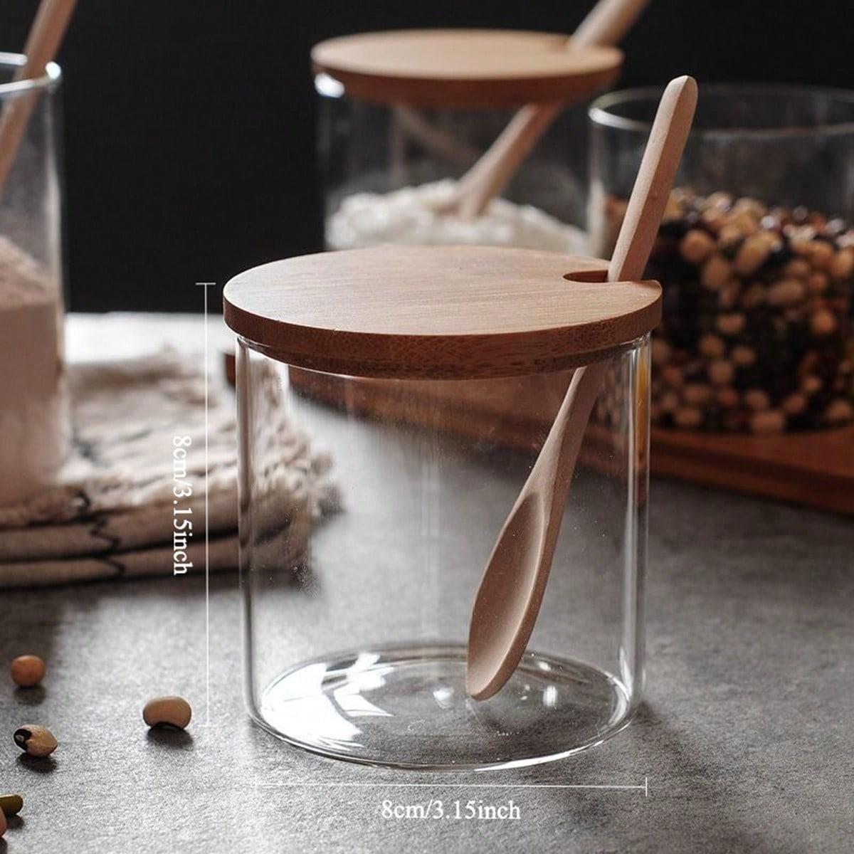 Glass Spice Containers Set with Wooden Base, Includes Spoon, Ideal for Storing Spices Salt Sugar, Kitchen Storage Organizer