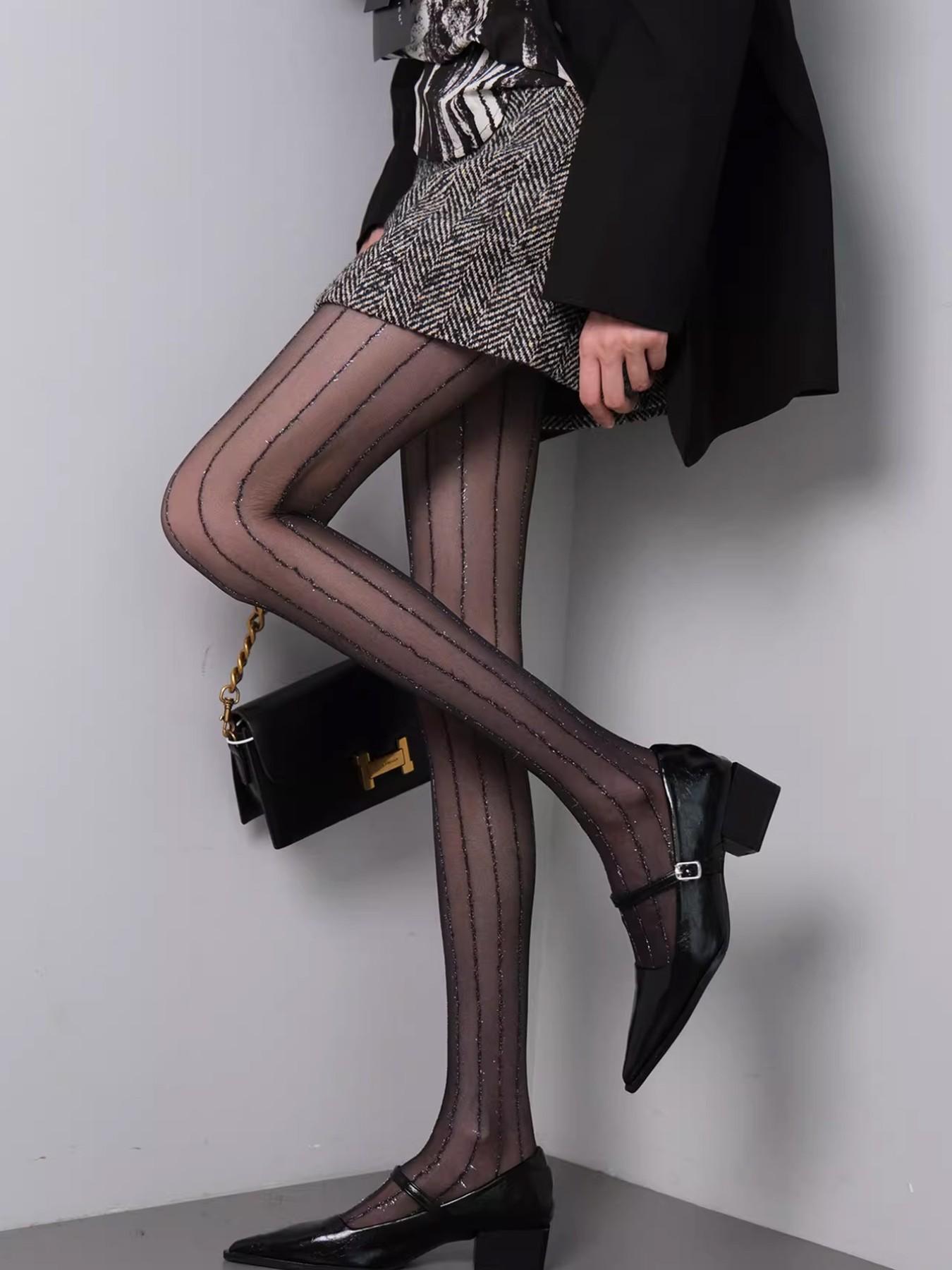 Commute Essential! Breathable Vertical Stripe Silk Stocking, Long Wear Non-Slip, High-Waist Slim Fit, Fashion Plaid Pattern