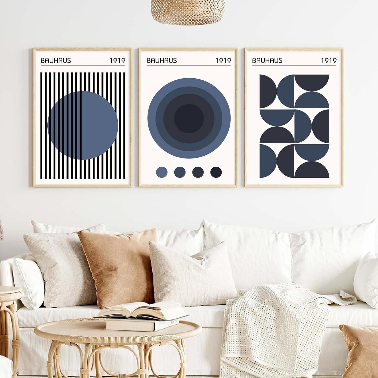 3pcs/set Minimalist Geometric Wall Art Bauhaus Exhibition Poster Abstract Shape Prints Mid Century Modern Artwork Boho Modern Pictures Abstract Geometric Painting Blue Bauhaus Poster for Room Unframed
