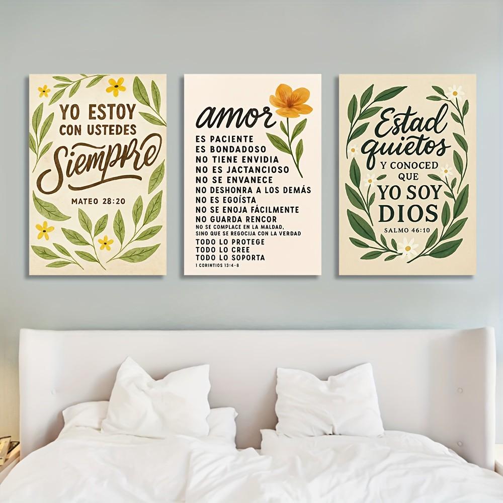 3pcs Religious Canvas Wall Art, Spanish Bible Text, Floral Elements, Wooden Frame, Home Office Church Decor, Jesus Theme Gift