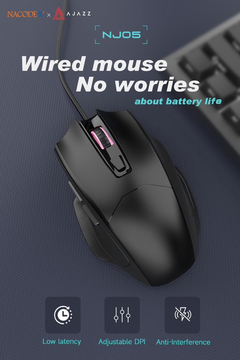 NJ05 wired office mouse with light sound buttons and finger drag design AJAZZ ergonomic office supplies mouse DPI3600 optical engine chip 125Hz 3D rubber roller lightweight 91g suitable for gaming and office use