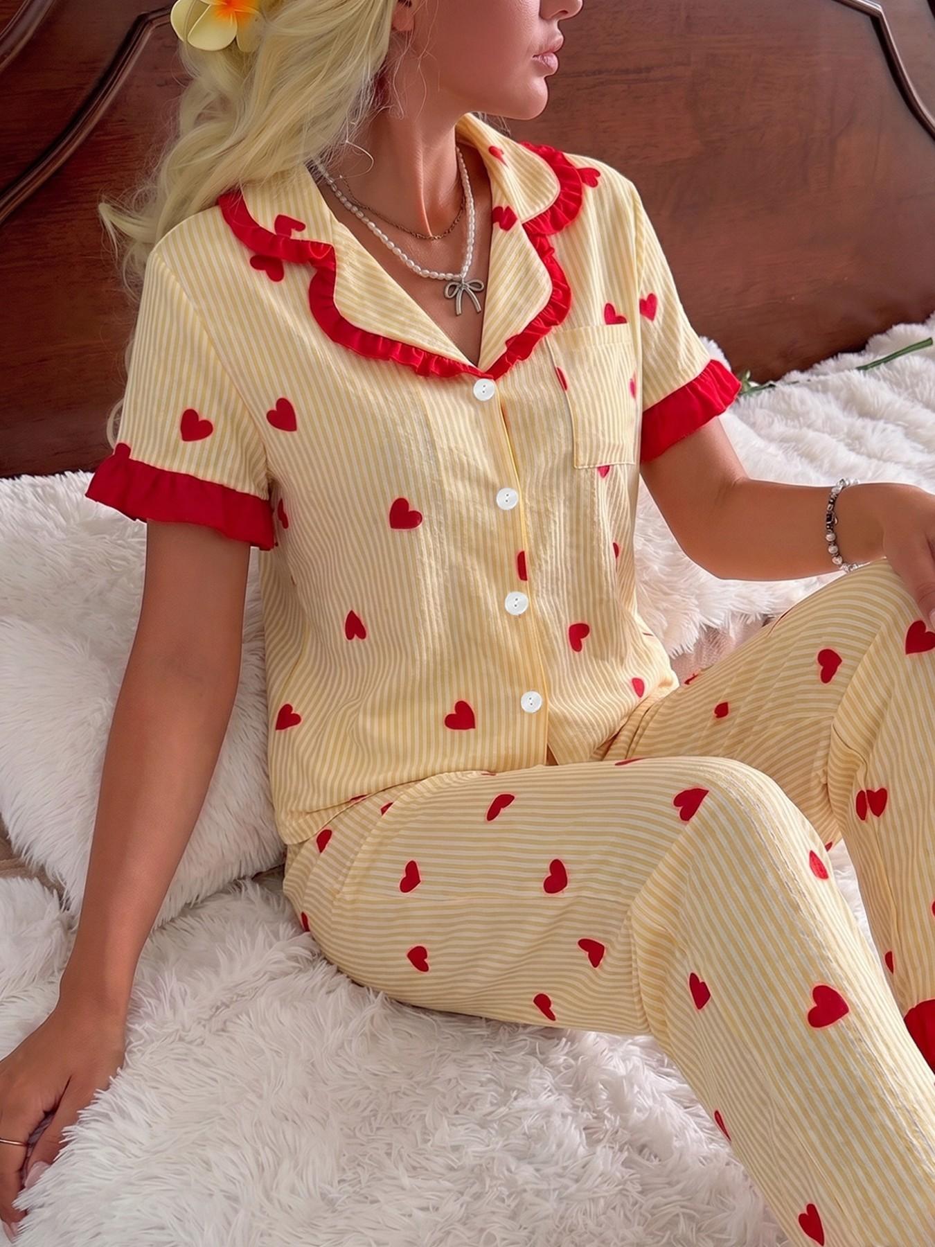 Two-Piece Set S-2xl Striped Heart Print Lapel Collar Open Front Short Sleeve Top + Pants Pajama Set, Comfortable Wear at Home Loungewear