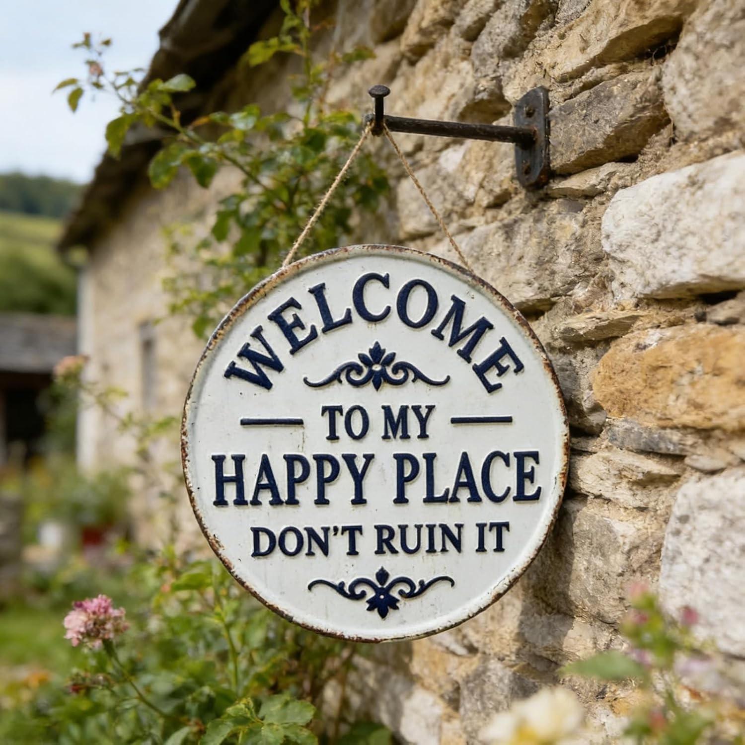 Happy Place – Vintage Statement Metal Sign,"This Is My Happy Place Don't Fuck It Up" Round Garden Wall Decor, Hanging Decorative Signs & Plaques, For Front Door Home Office Kitchen Bedroom, Yard Sign, Signage