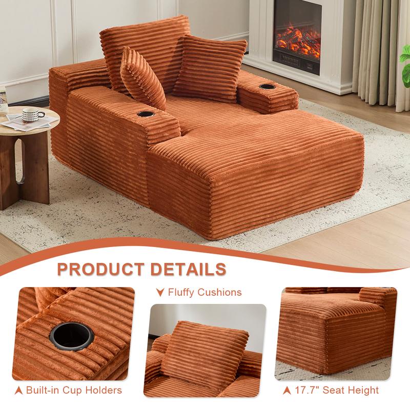 QAK 64‘’ Boneless Chaise Lounge, Upholstered Sofa Bed with Throw Pillows and Armrests, Indoor Sleeper Chair Luxurious Plush Corduroy Chair Bed for Living Room No Assembly Required