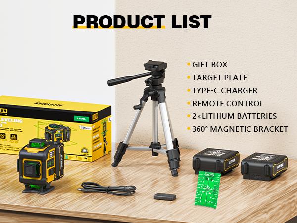 Alloyman Laser Level with Tripod, 4x360° Self Leveling Laser Level, 16 Line-Green Line Laser 4D with 2Pcs Lithium Batteries for Picture Hanging, Tile, Home Renovation, Indoor Project, Great Gift Ideas for a Perfect Christmas and New Year