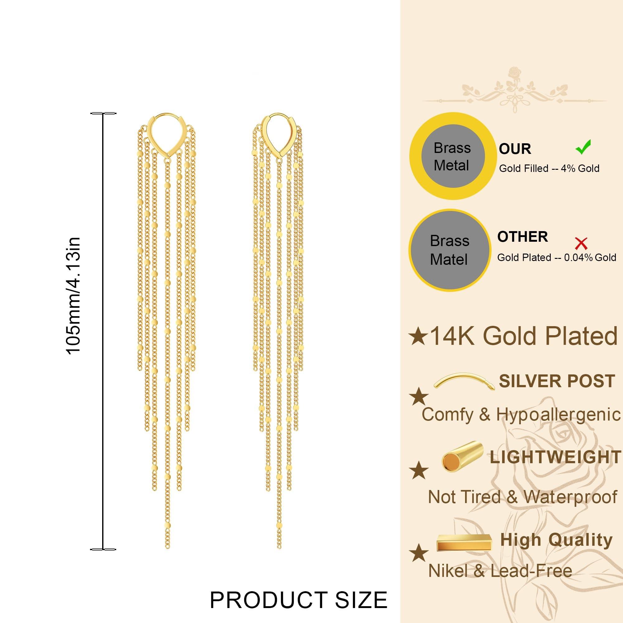 Tewiky 14K Gold Plated Long Tassel Earrings for Women,Chain Tassel Threader Earrings Trend Dangling,Trendy Hypoallergenic Bride Party Prom Jewelry and Women Gifts For Mother's Day gifts tiktokshopbacktoschool