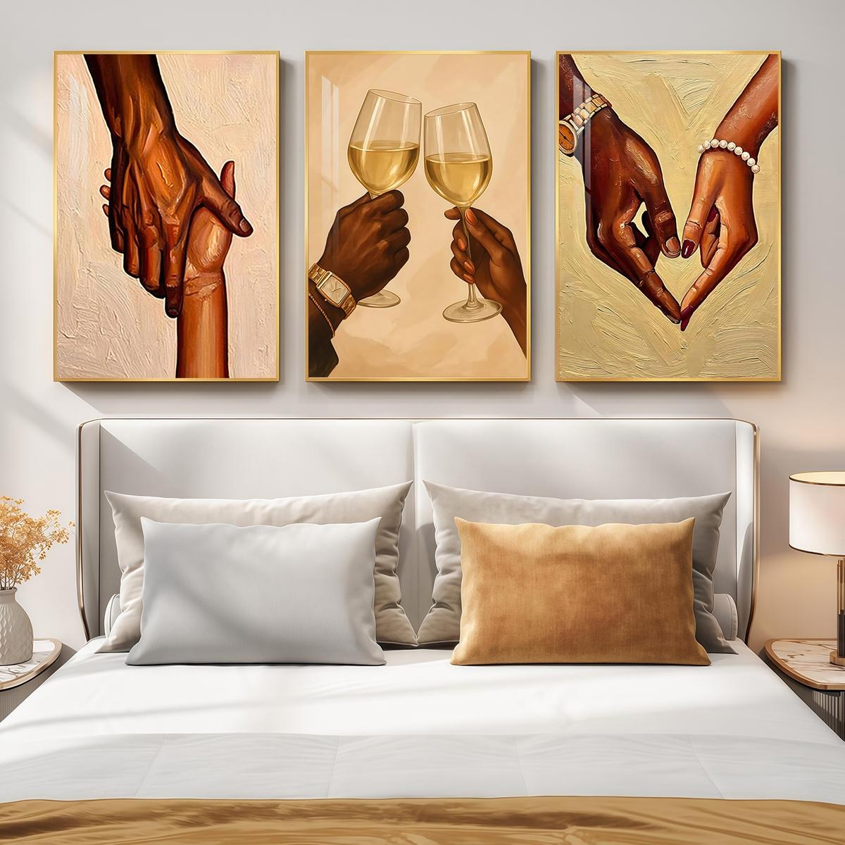 3 Counts Aluminum Alloy Framed Painting, Romantic Couple Hands And Wine Glass Canvas Art, Home Decoration For Living Room, Bedroom, Office, Restaurant, Hallway Wall Decor, Odorless Print Artwork, Luxury Perfect Gift For Friends And Family