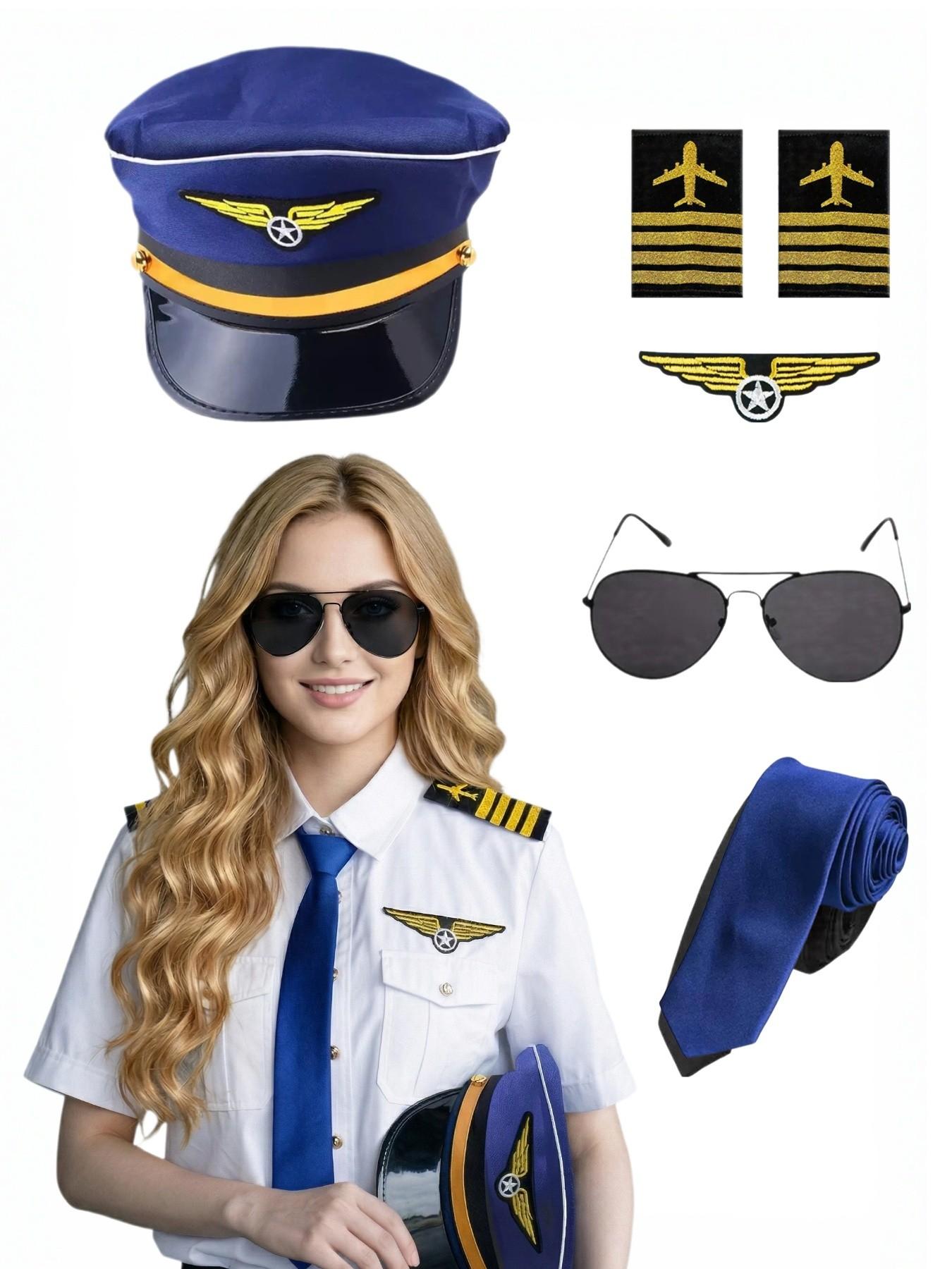 5-Piece Cosplay Pilot Costume Set for Women, Includes Hat, Badge, Shoulder Patch, Tie, Sunglasses, Gloves, Perfect for Halloween Parties