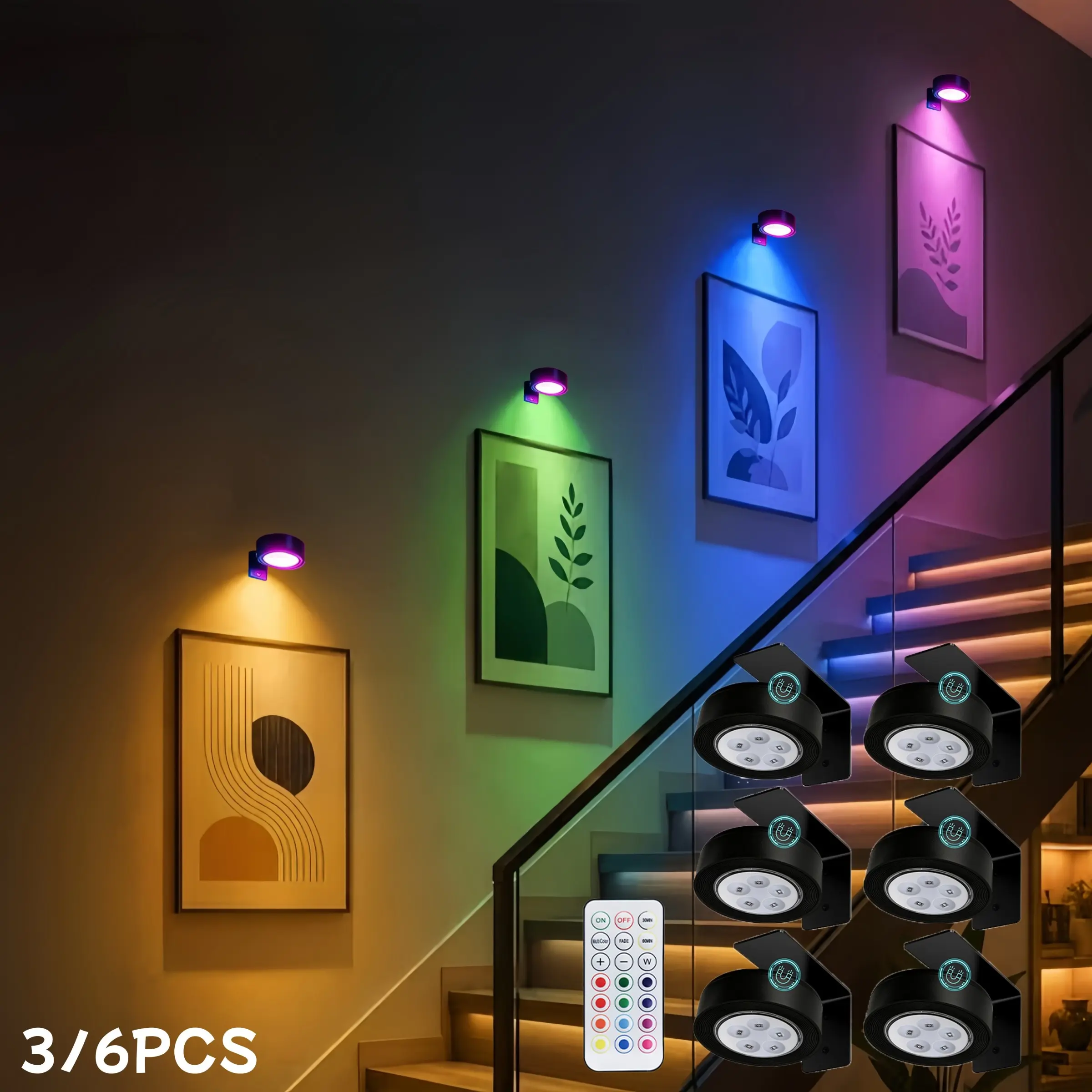 3pcs/6pcs RGB Color Changing Spotlights, Wall Mounted Picture Lights, Ambient Light Fixtures, LED Art Display Lamps for Cabinets, Closets