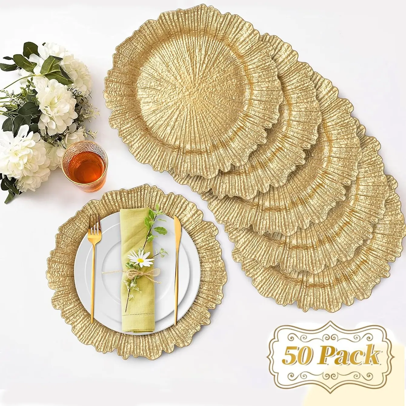 Plate Set of 50 Pieces, Coral Reef Style Dinner Plates Decorator, Round Plastic Tableware, Wedding Thanksgiving Christmas Decor