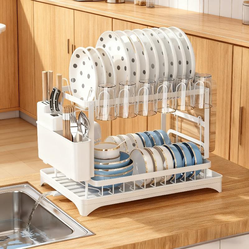 Kitchen countertop dish storage rack, double-layer design + drain tray + cutlery rack, bid farewell to wet countertops