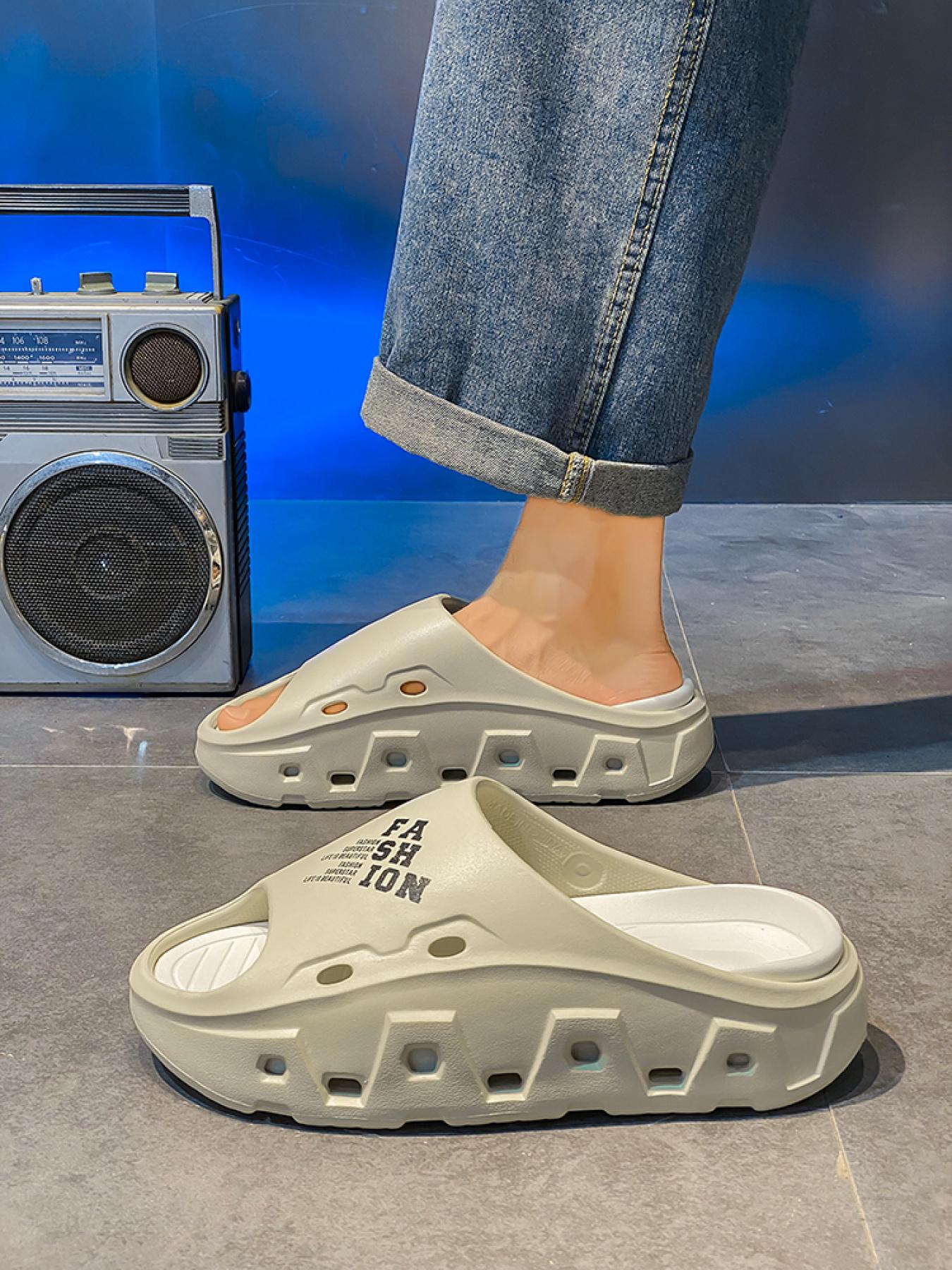 Women's White-Black Color-Block Slides: Breathable Hollow + Soft Shock-Absorbing Sole, Anti-Slip Bathroom Home Slippers