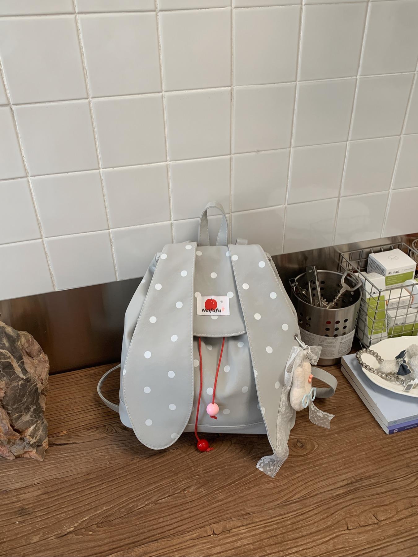 New Rabbit Ears Polka Dot Backpack, Cute Korean Style Student Bag, Large Capacity Commuter Backpack, Soft Adorable Bunny Shoulder Bag