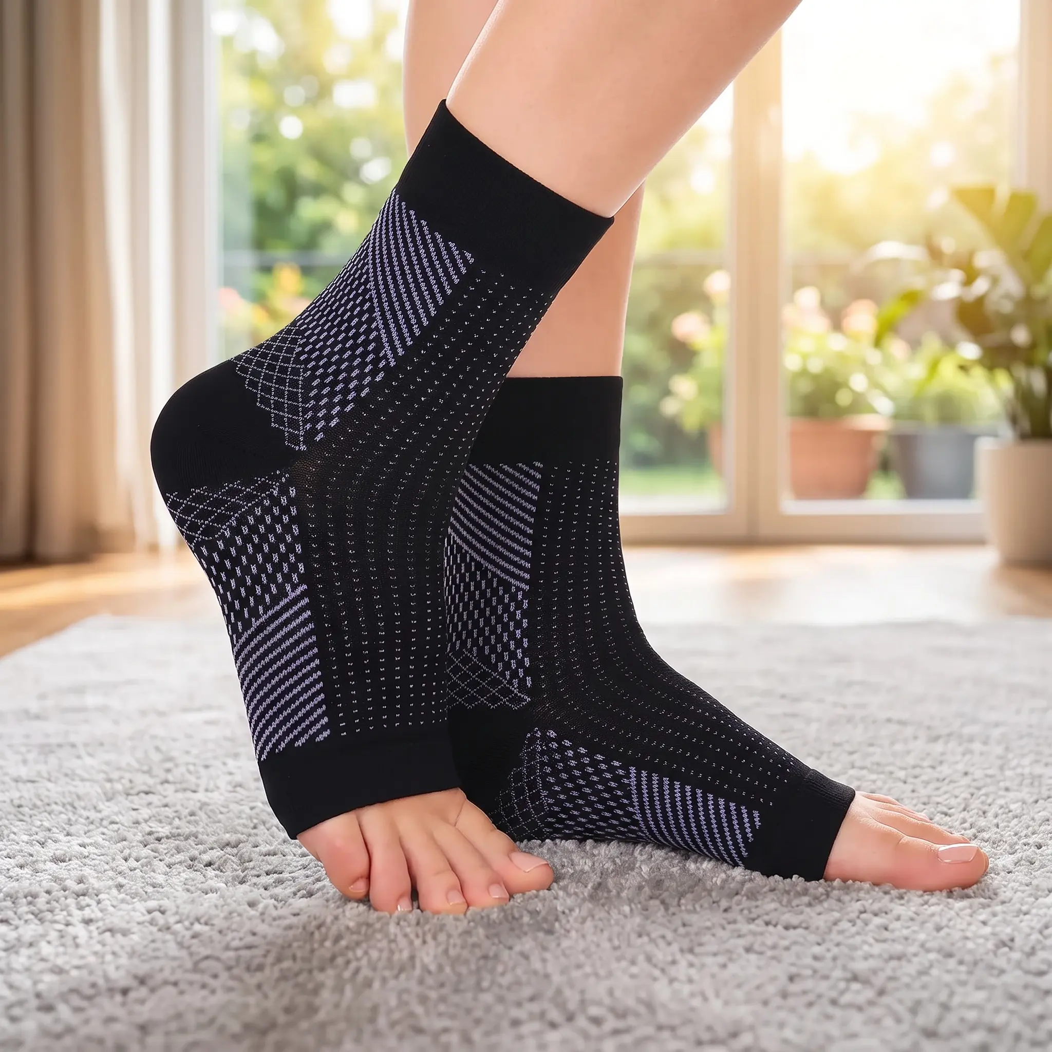 Unisex Neuropathy Relief Socks (2 Pair, Black) - Open Toe, Arch Support, Heel Pain Relief, Improved Circulation, Breathable Quick-Drying Nylon for Travel, Work - Sports & Outdoor Protective Gear for Men, Women