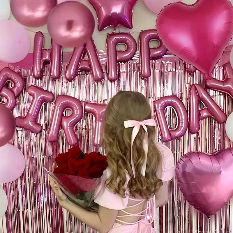 Pink Birthday Balloon Set, Includes 16-Inch Pink Decorations, Magenta Heart Shaped Balloons, and Metallic Pink Balloons, Suitable for Birthday Parties, Weddings, Bachelorette Showers