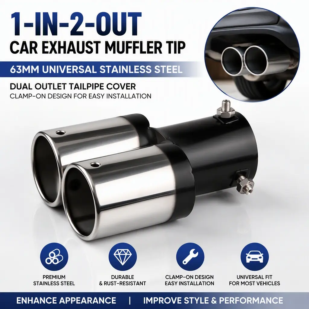Car Modified Exhaust Tip, 63mm Inlet 1‑to‑2 Dual Outlet Stainless Steel Muffler Tail Pipe Cover, Clamp‑On Decorative Exhaust Tip for Vehicle Exterior