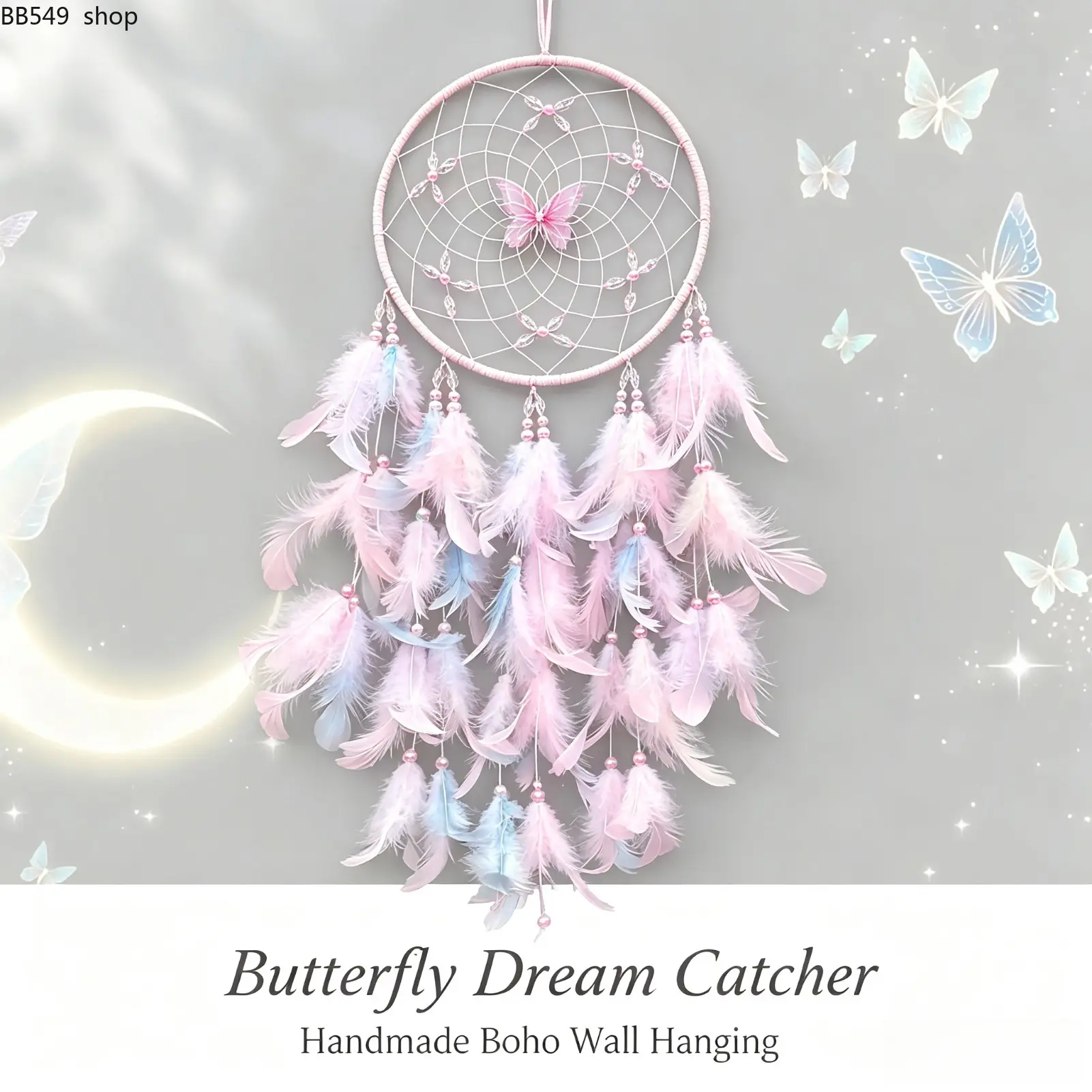 Butterfly Crystal Handmade Dreamcatcher Wind Chime, Feather Hanging Wall Decor, Creative Indoor Ornament for Bedroom, Living Room, Birthday Gift for Home Styling
