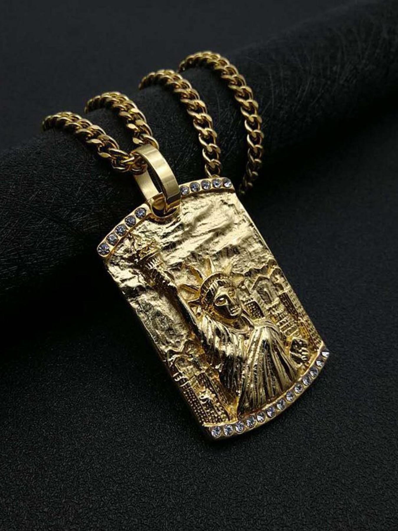 Hip Hop Jewelry Titanium Gold Plated Diamond Statue of Liberty Pendant Necklace, Stylish Accessory for Men and Women