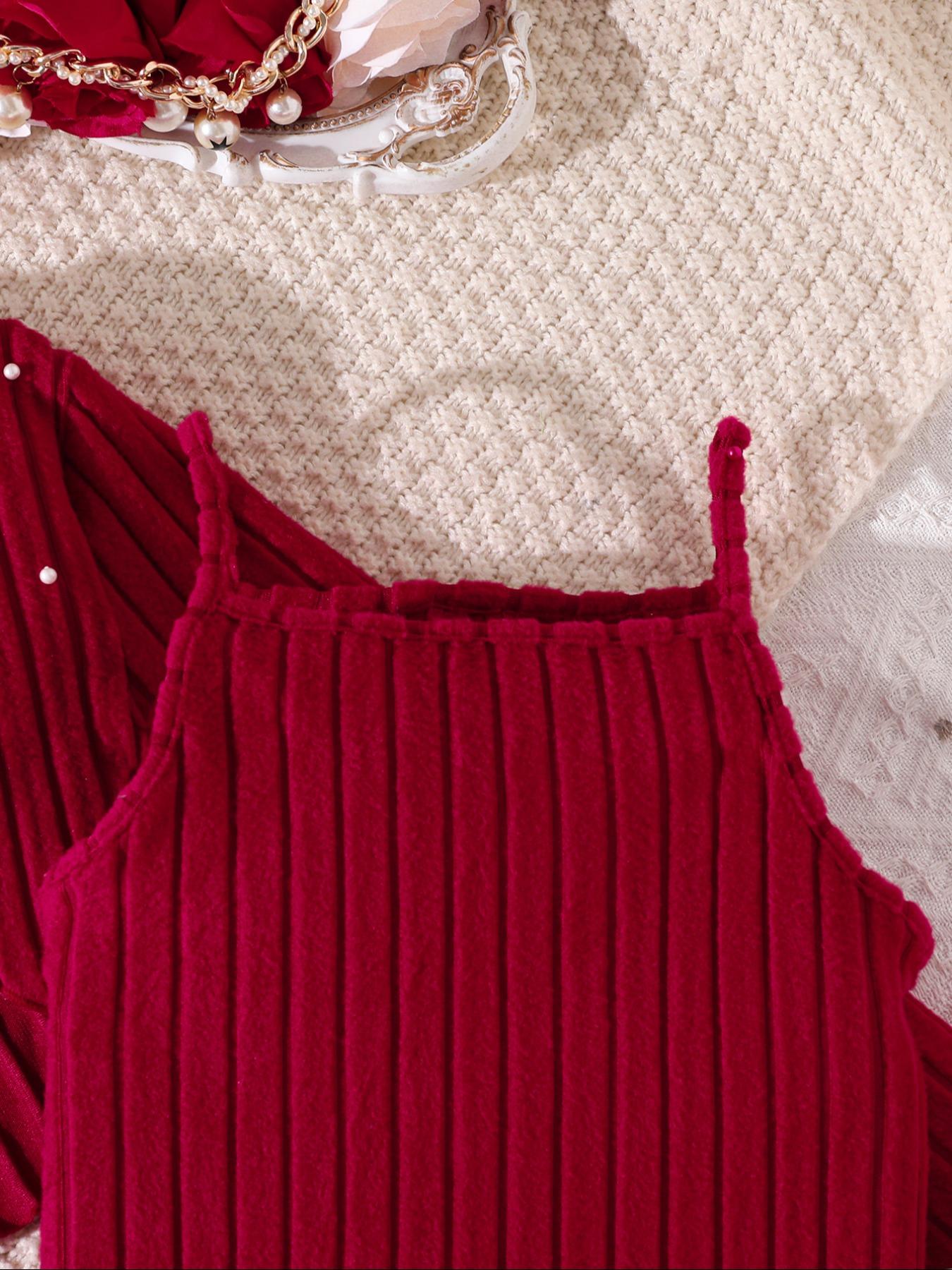 Christmas Girl Pearl Embellished Knit Bow Design Long Sleeve Short Top with Slim Fit Dress Fashion Comfort Set