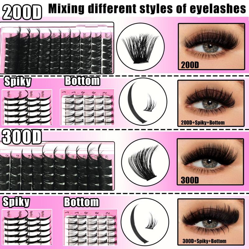 4-6 Styles Bottom/Spiky 40D-300D Volume Lash Clusters, Diy Individual Lashes, Fluffy 5-20mm D-Curl Eyelash Extensions for DIY at Home, Soft Comfortable and Easy to Apply for Natural Daily Makeup Look