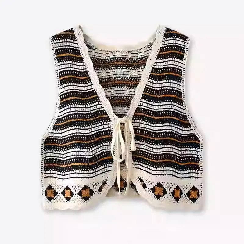 Tie Front Crochet Vest Women Waistcoat Openwork  Sleeveless Crop Knitted Jacket Summer Vacation Boho Vacation Outfit