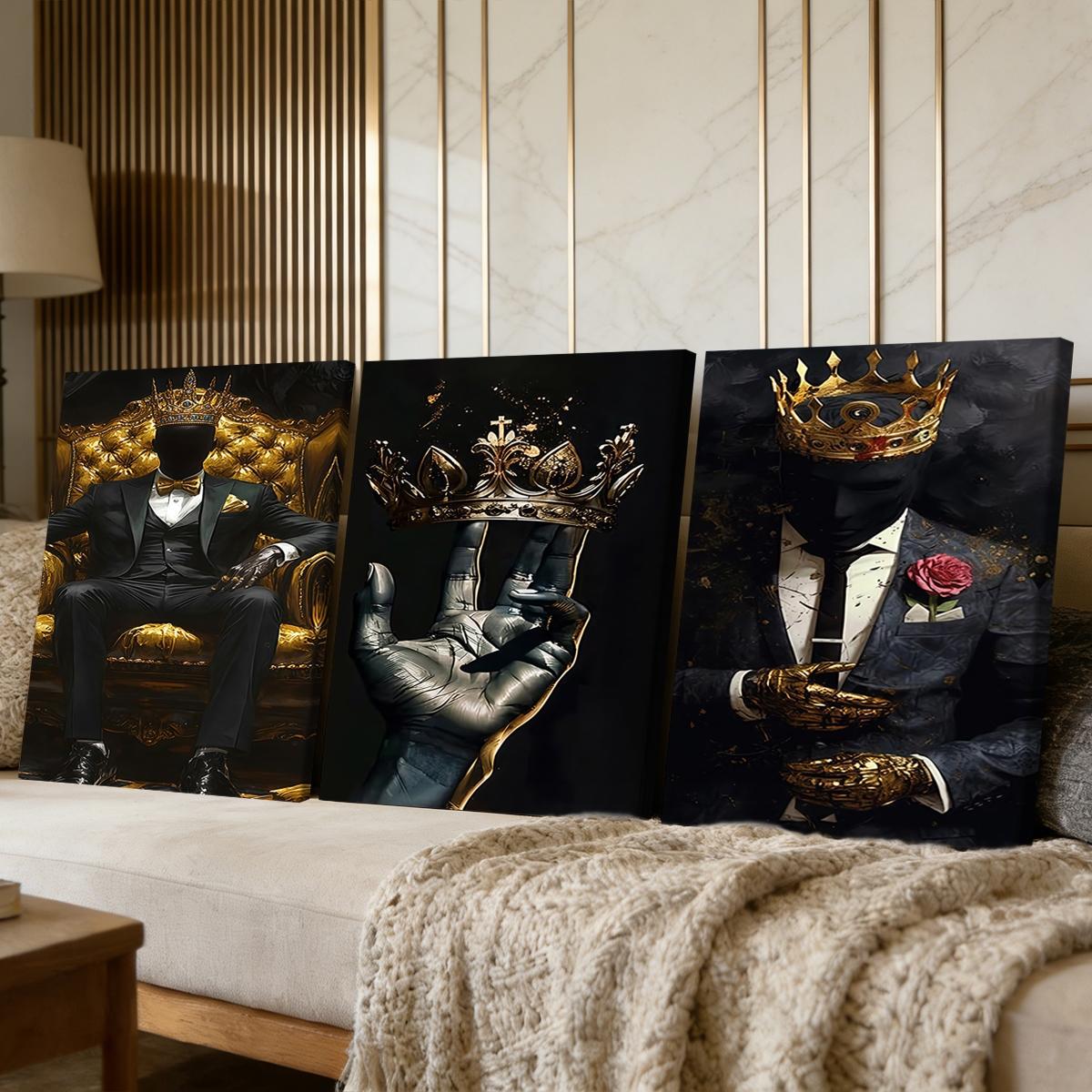 3 Counts Wooden Framed Canvas Painting, Golden Crown King Abstract Art Images, Exquisite Poster, Perfect Living Room Decoration, Modern Home Decor, Modern Art, Fashion Family Poster, Wall Art Decoration, Waterproof Art, Abstract Design