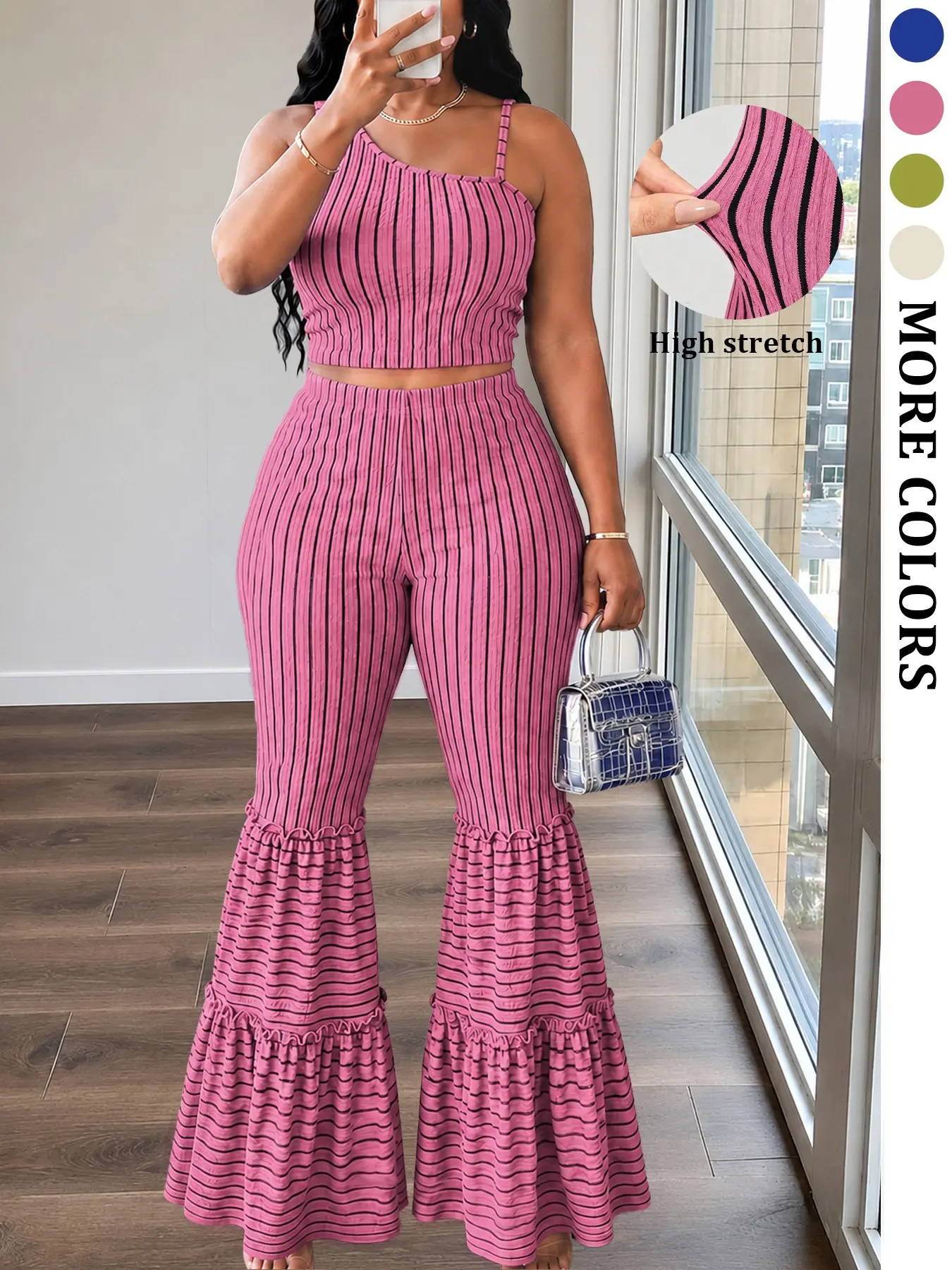 Women's Summer Striped Two-Piece Set, Lightweight Sleeveless Top and Ruffled Bell Bottom Pants, Chic Outfit for Casual Wear, Summer Vacation and Street Style