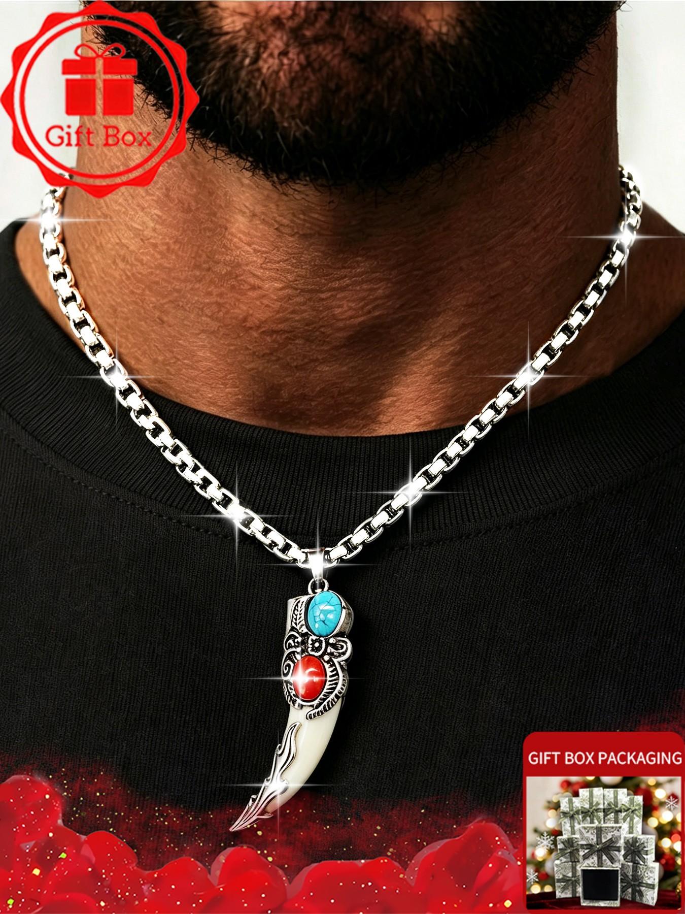Vintage Viking Wolf Tooth Shaped Pendant Necklace, Durable 304 Stainless Steel Link Chain, Ethnic Tribal Indian Faux Turquoise Coral Stone Necklaces for Men, Cool Boy Punk Rock Biker Jewelry Accessories, Birthday Christmas Gift Present.