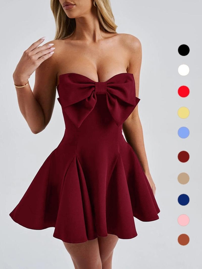 Women's Bow Decor Backless Tube Dress, Fashion Casual Strapless Fit and Flare Dress for Daily Outdoor Wear, Women Dress for Spring Fall