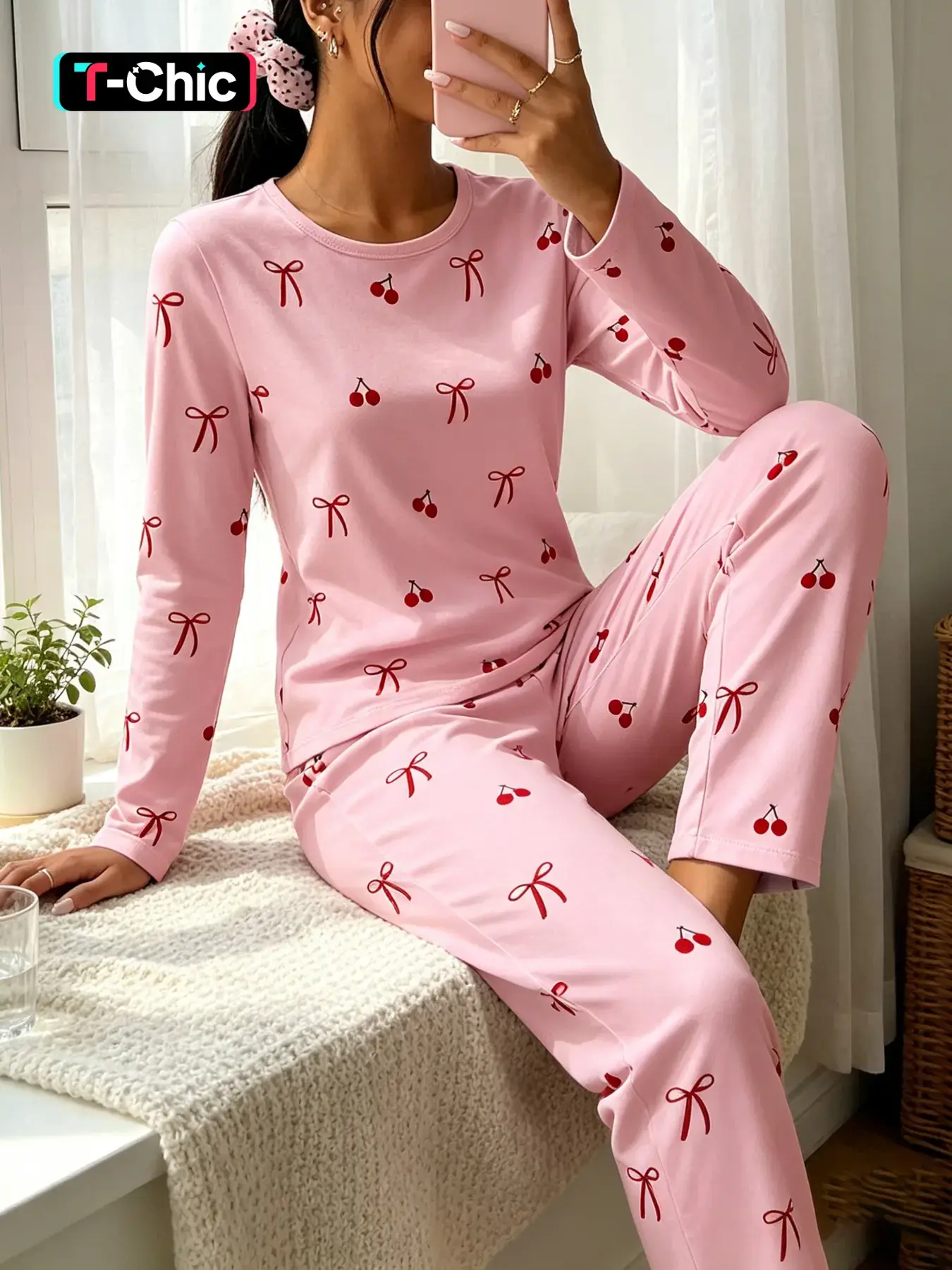 Women's Long Sleeve Pyjama Set, Cherry Bow Print, Comfortable Breathable Casual Sleepwear, All Seasons, Ankle Length, Slim-Fit
