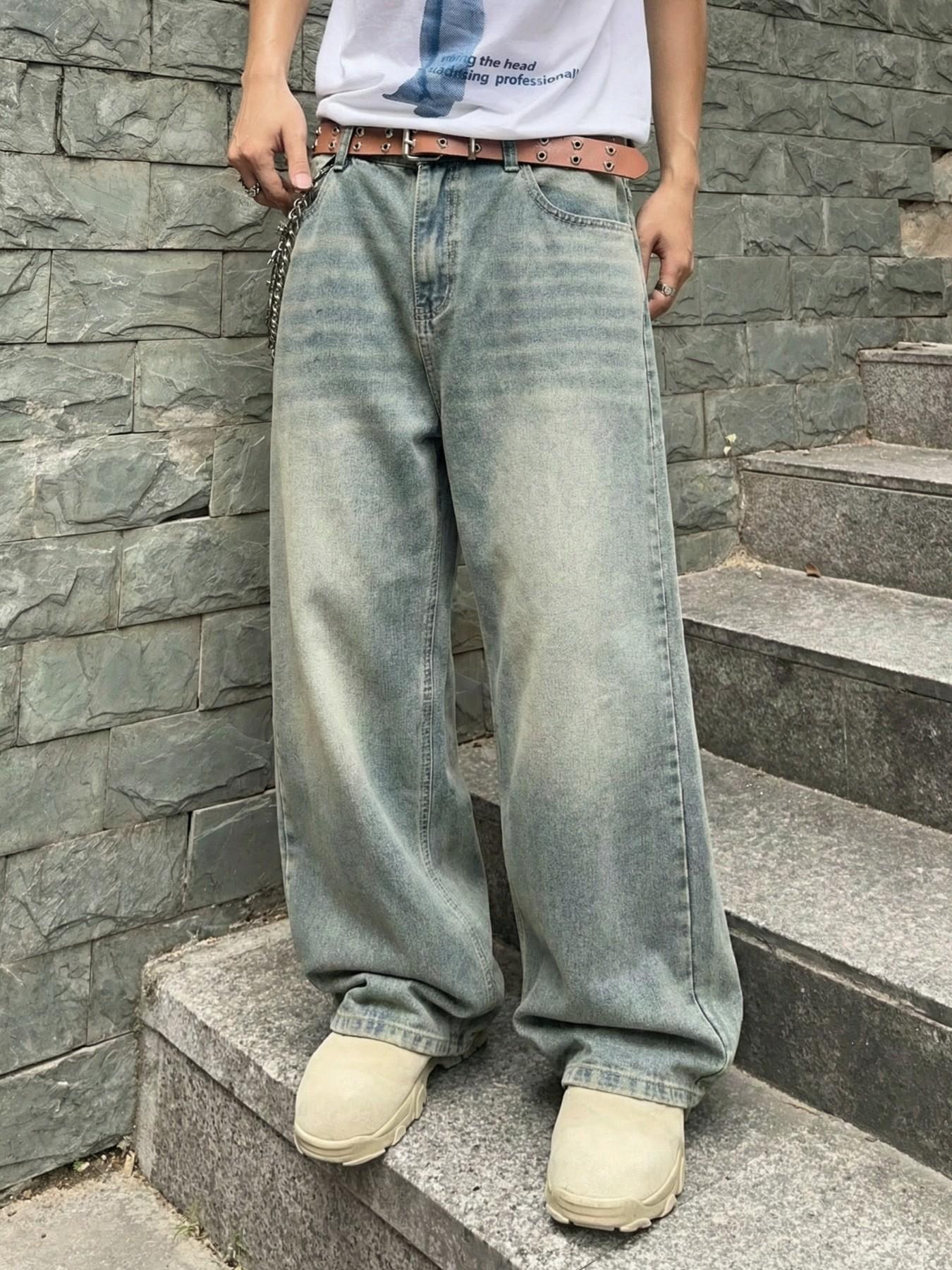 Men's Vintage Washed Loose Fit Wide Leg Jeans Pants, Menswear Long Y2K Street Style Denim Jeans, Perfect Gift for Boyfriend & Husband