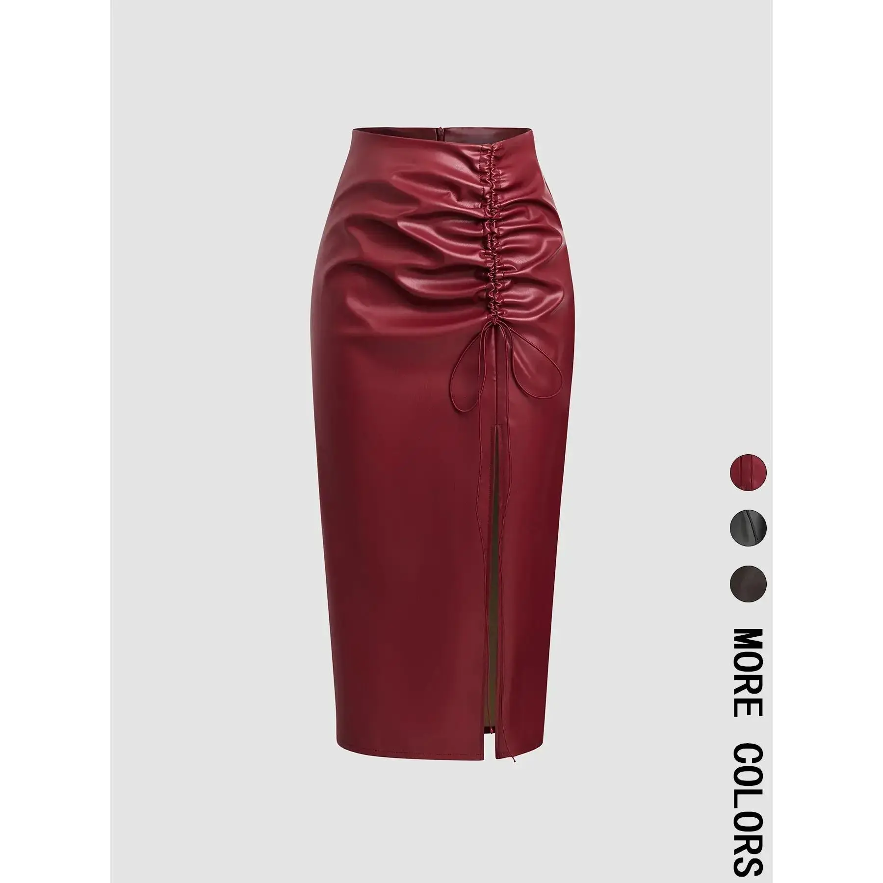 Women's Ruched Adjustable Drawstring Split Thigh Pu Leather Skirt, Fashion Casual High Waist Long Skirt for Daily Wear, Women's Bottoms for Spring & Fall, Womenswear
