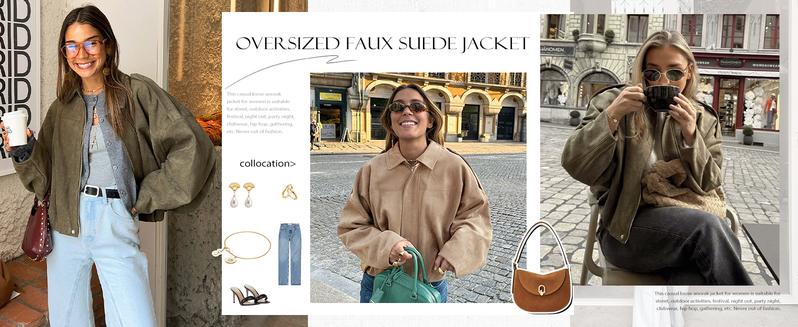 SHEEN Women's Faux Suede Jacket -2026 Spring/Autumn Vintage Solid-Color Collared Zip-Up Long-Sleeve, Loose Batwing Sleeve with Epaulets Bomber Warm Outerwear, Basic Top