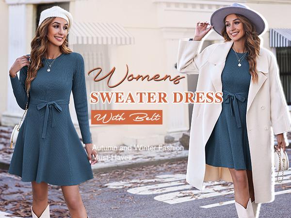 HOTOUCH Women's Long Sleeve Dress Crewneck Pullover Sweaters A-Line Casual Swing Dress Bodycon Dress with Belt Fall&Winter New Arrivals